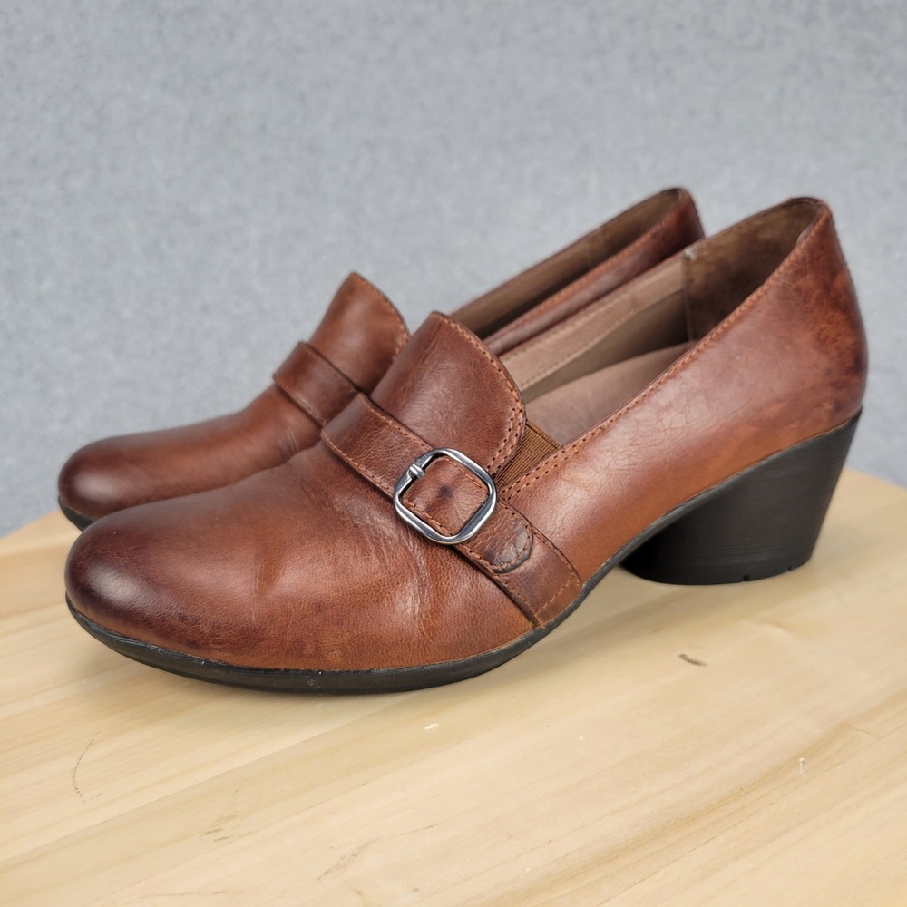 Dansko Rosalie Heeled Loafers Women 39 Brown Leather Buckle Block Heel